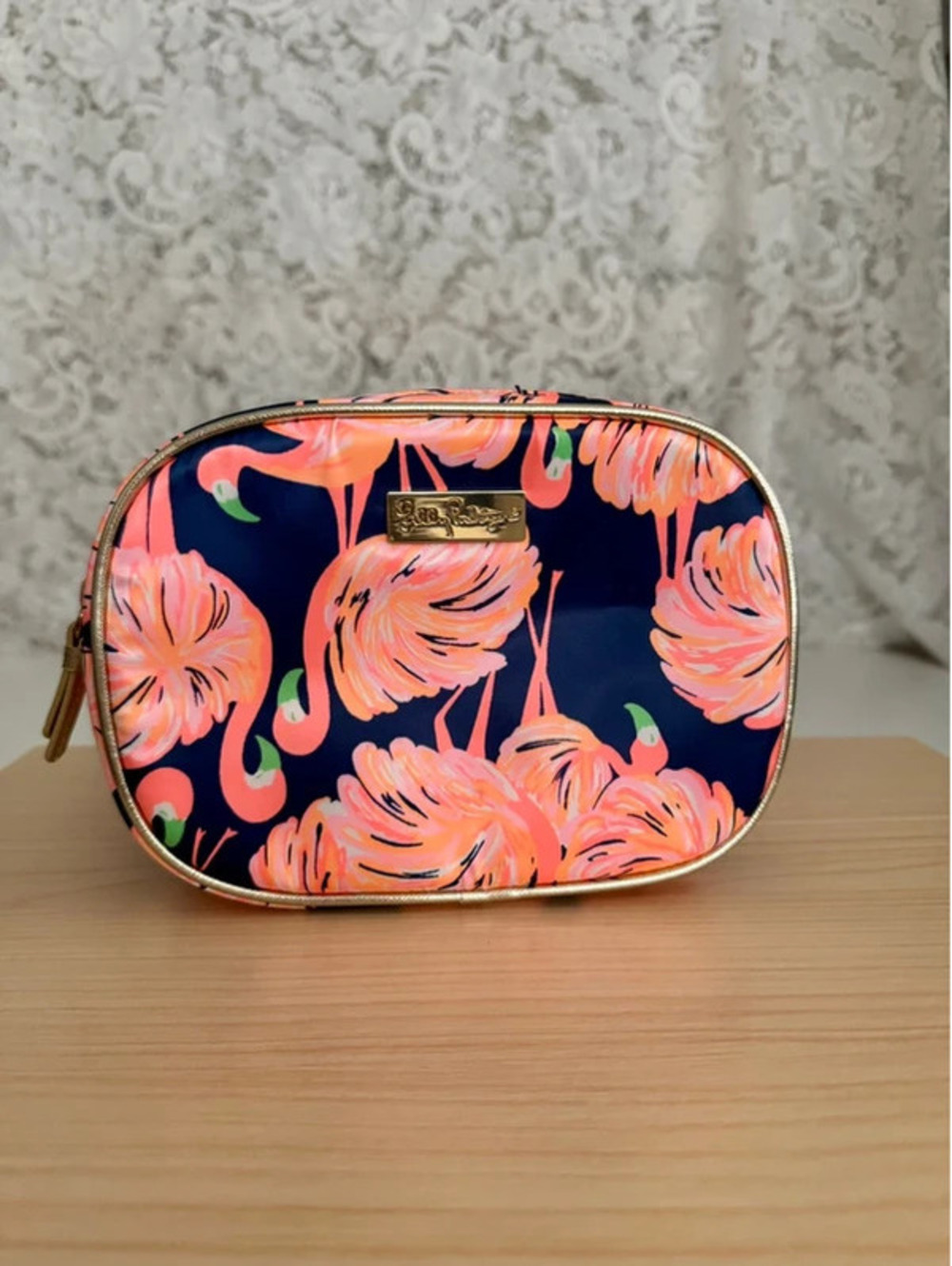 Lilly Pulitzer Flamingo Double Zip Cosmetic Makeup Travel Bag Navy Pink